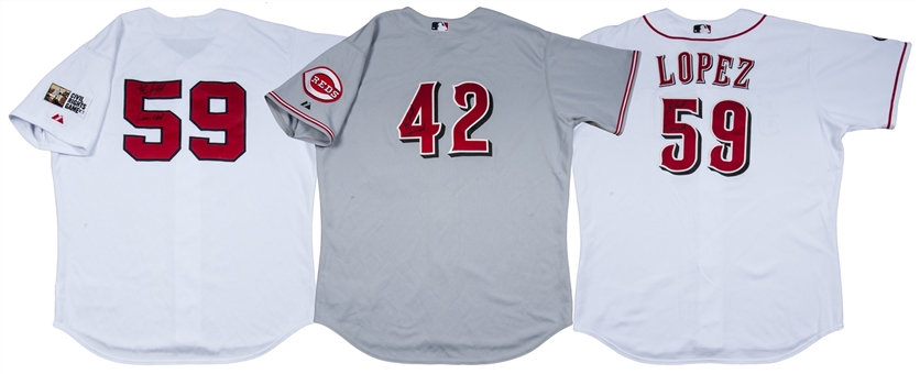 Lot of (3) Juan Porky Lopez Game Used and Signed Cincinnati Reds Jersey - 2 Home, 1 Road (Lopez LOAs)